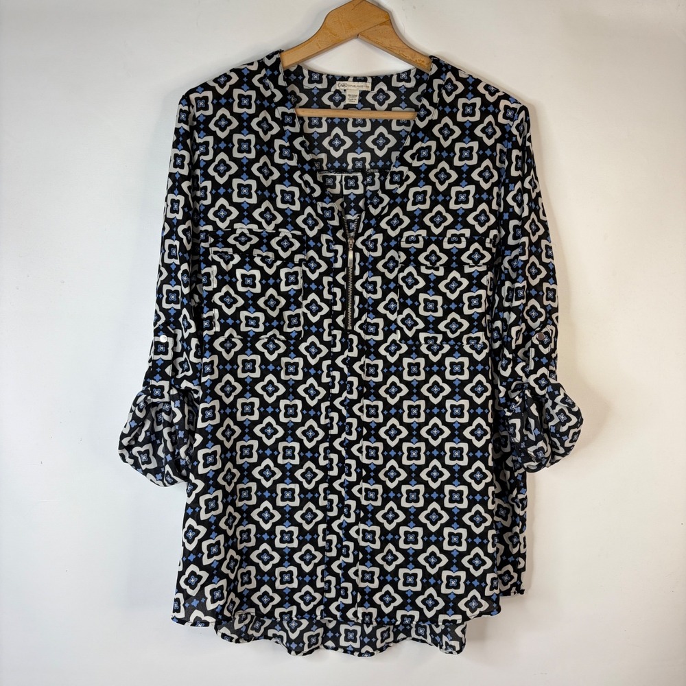 Cato Blouse Women 18/20W Black Blue Geometric Zip Roll Tab Tunic